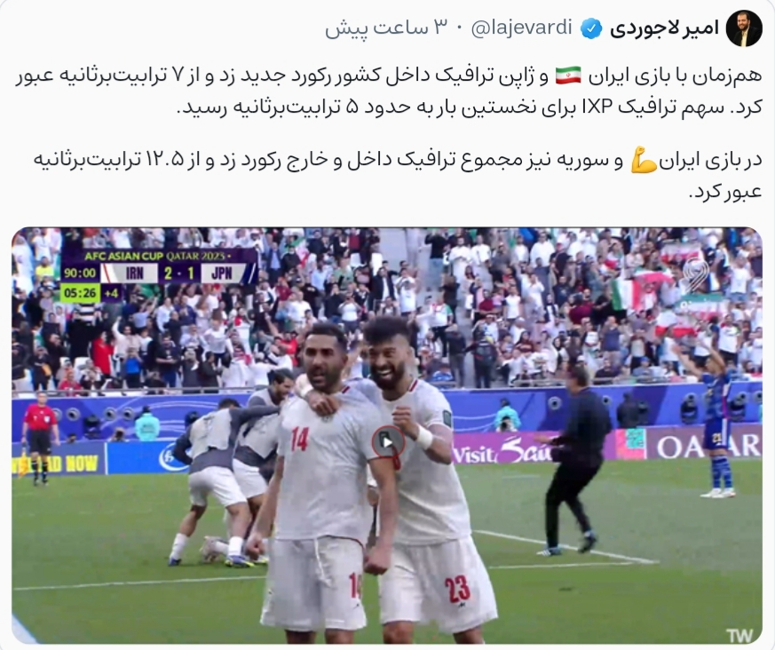 بازی فوتبال ایران و ژاپن و ثبت رکورد ترافیک داخل کشور